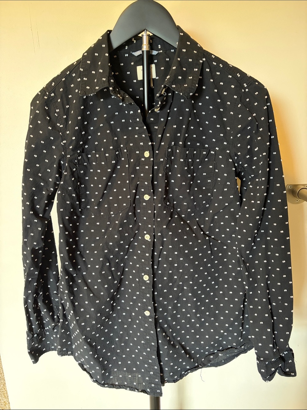 Black Button-Front Women's Shirt with White Micro Dot Pattern